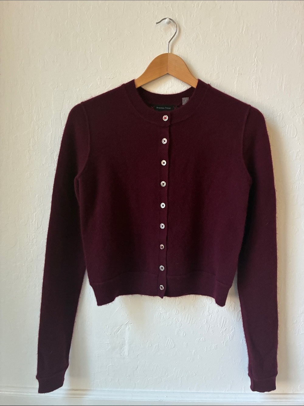 Brazeau Tricot Royal All Thumbs Cardigan, Bordeaux, Size 3